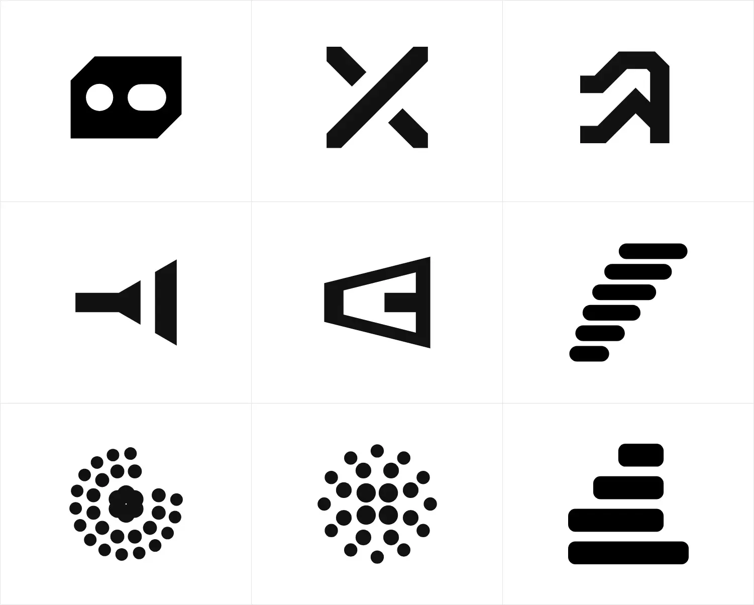 9 of the explored marks on white: a plug plate, a crossing X, stepped bars, a widening band, clusters of dots