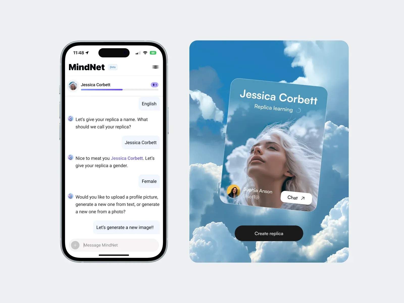 MindNet chat asking for the replica's name, gender and photo, next to the finished replica card