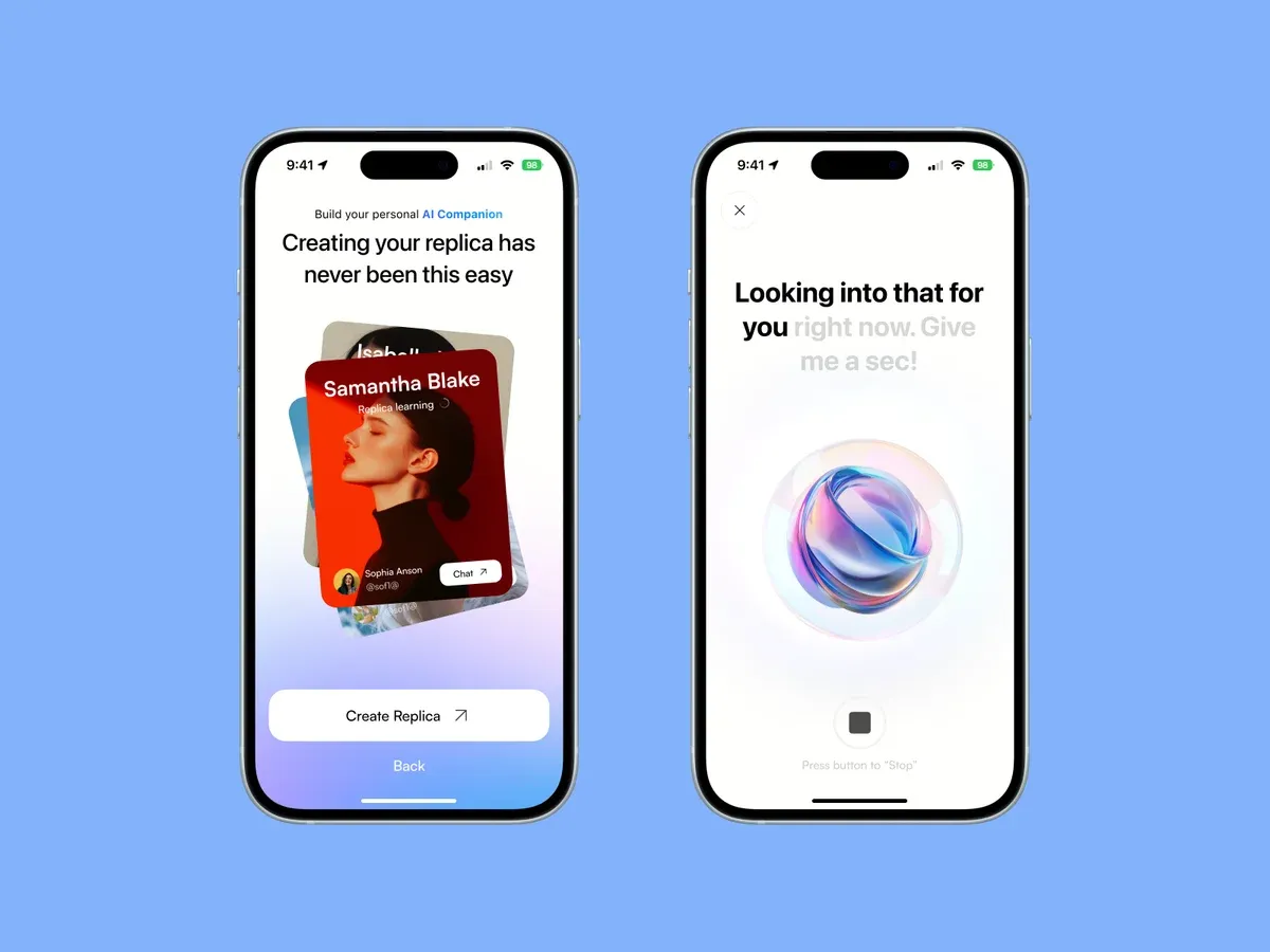Two phone screens from an AI companion app: one for creating a personal replica, one where the assistant works on an answer.