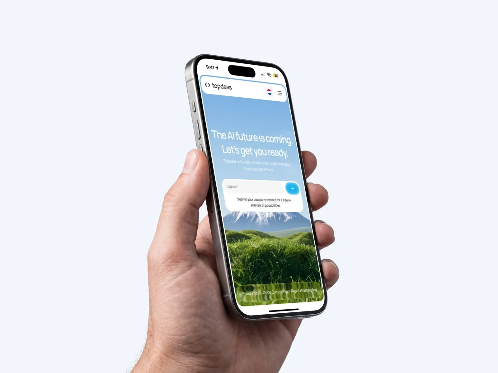 The Topdevs flag on a snow-capped peak next to a phone showing the process cards